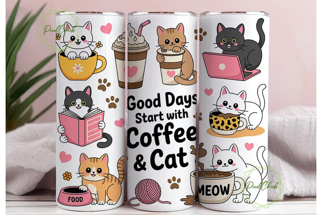 Cute Cats & Coffee Tumbler Wrap Sublimation PixelChick 