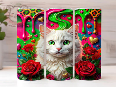 Cute Cats Green Eyes 20oz Tumbler Wrap, Fluffy White Cat, Green Eyes, Whimsical Wrap, Seamless Pattern, 20oz Tumbler Wrap, Sublimation PNG Sublimation Lara' s Designs 