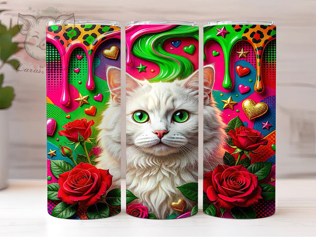 Cute Cats Green Eyes 20oz Tumbler Wrap, Fluffy White Cat, Green Eyes, Whimsical Wrap, Seamless Pattern, 20oz Tumbler Wrap, Sublimation PNG Sublimation Lara' s Designs 
