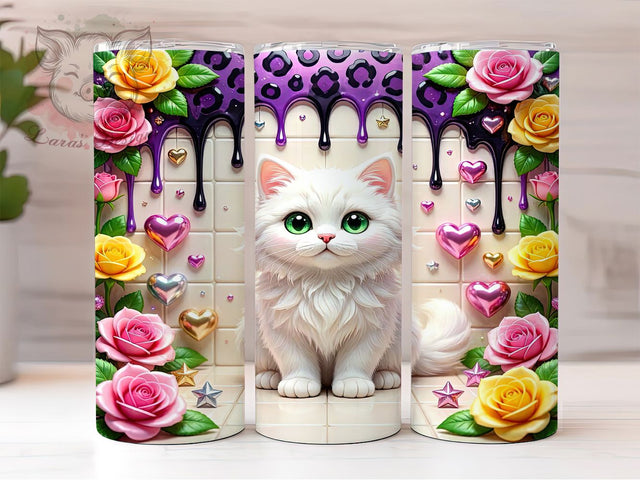 Cute Cats Purple Eyes 20oz Tumbler Wrap, Adorable White Cat, Expressive Green Eyes, Whimsical Wrap, Seamless Pattern, 20oz Tumbler Wrap, Sublimation PNG Sublimation Lara' s Designs 