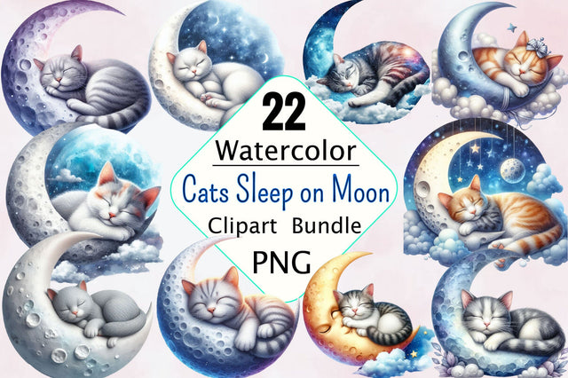 Cute Cats Sleep on Moon Sublimation Clipart Bundle Sublimation SVGArt 