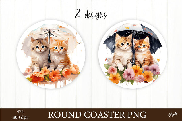 Cute Cats with Umbrella Sublimation PNG. Round Coaster PNG Sublimation Olga Terlyanskaya 