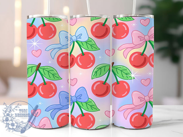 Cute Cherry Bow Valentine Tumbler, Pastel Heart Pattern, Cute Valentine Design, 20Oz Sublimation Wrap, Sweet Bow Art, Romantic Cherry Texture, Tumbler Sublimation Sublimation ToriDesigns 