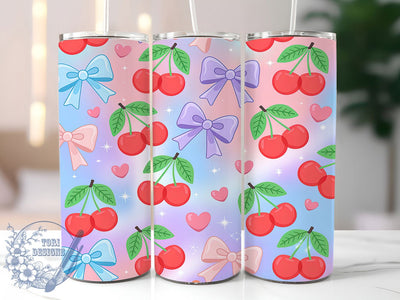 Cute Cherry Bow Valentine Tumbler, Pastel Heart Pattern, Cute Valentine Design, 20Oz Sublimation Wrap, Sweet Bow Art, Romantic Cherry Texture, Tumbler Sublimation Sublimation ToriDesigns 