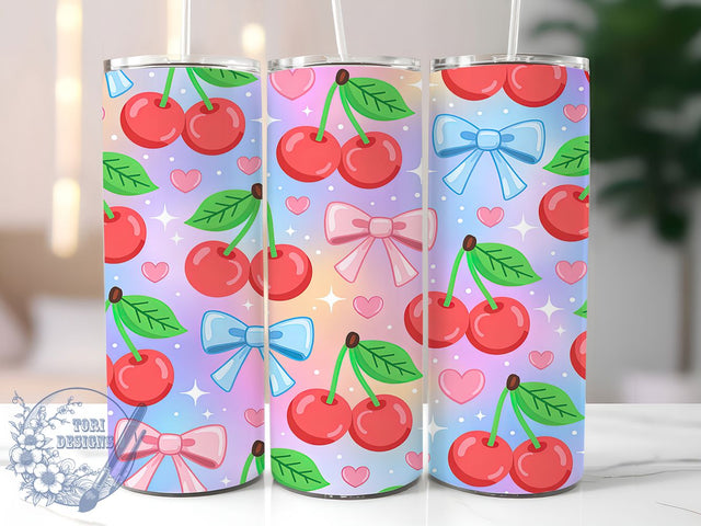 Cute Cherry Bow Valentine Tumbler, Pastel Heart Pattern, Cute Valentine Design, 20Oz Sublimation Wrap, Sweet Bow Art, Romantic Cherry Texture, Tumbler Sublimation Sublimation ToriDesigns 