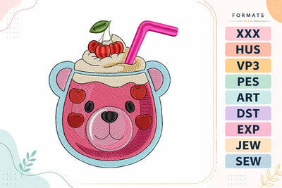 Cute Cherry Milkshake Bear Embroidery Design - Kawaii Dessert Drink Embroidery/Applique DESIGNS sg embroidery 
