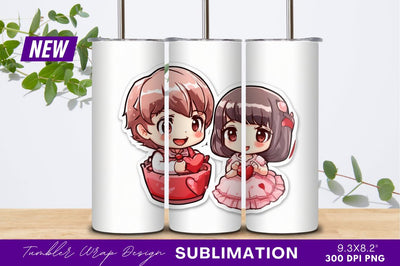 Cute chibi couple holding hearts tumbler png Sublimation Regulrcrative 