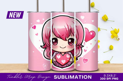 Cute chibi girl holding heart tumbler png Sublimation Regulrcrative 