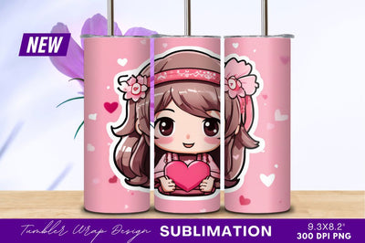Cute chibi girl holding pink heart tumbler png Sublimation Regulrcrative 