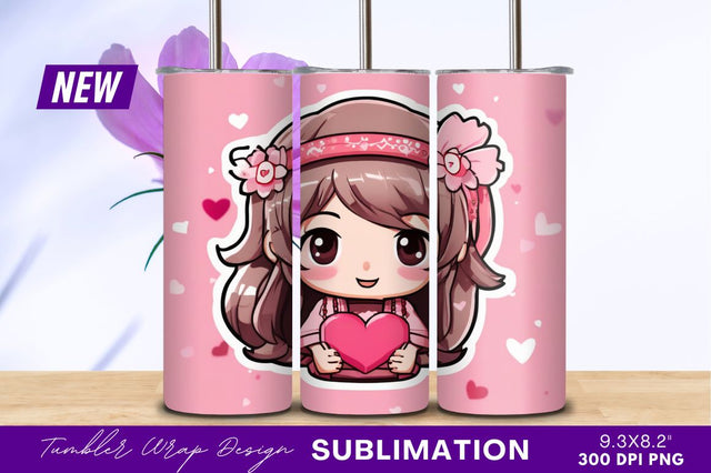 Cute chibi girl holding pink heart tumbler png Sublimation Regulrcrative 