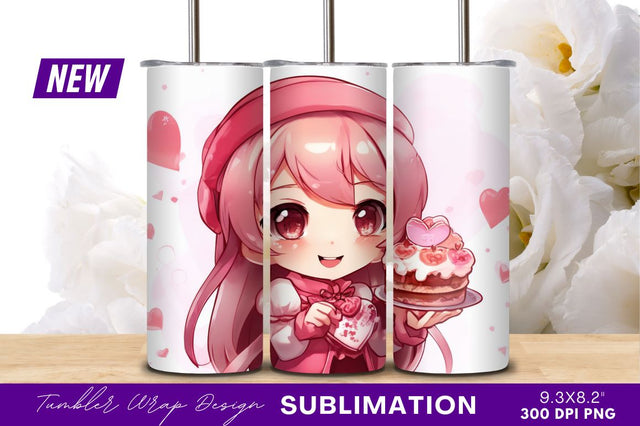 Cute chibi girl holding valentines cake tumbler png Sublimation Regulrcrative 