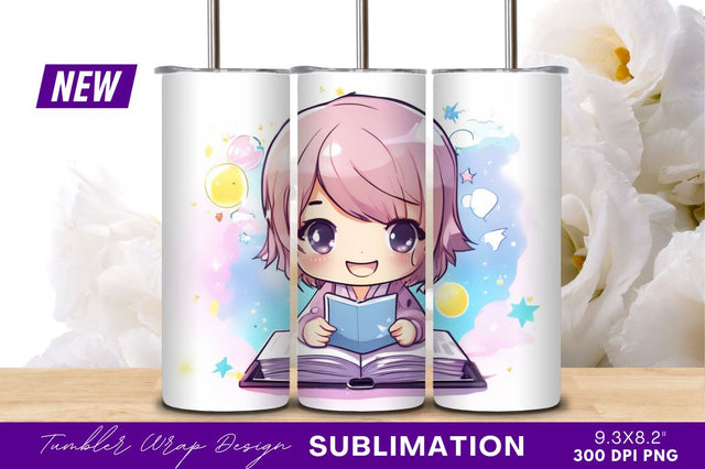 Cute chibi girl reading book illustration Sublimation Regulrcrative 