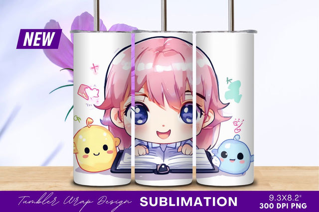 Cute chibi girl studying with animal friends Sublimation Regulrcrative 