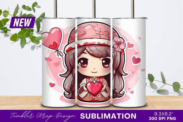 Cute chibi girl valentine heart balloon tumbler png Sublimation Regulrcrative 