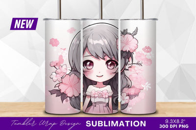 Cute chibi girl with pink flowers clipart Sublimation Regulrcrative 