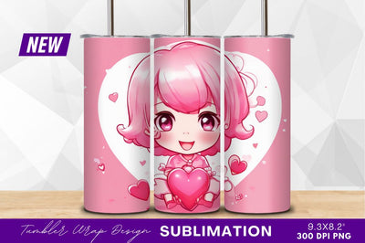 Cute chibi girl with pink heart tumbler png Sublimation Regulrcrative 