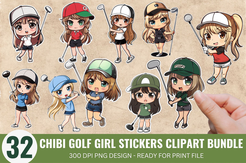 Cute Chibi Golf Girl Sticker Clipart Bundle Sublimation Regulrcrative 