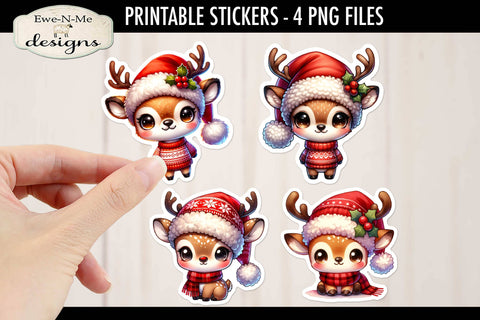 Cute Chibi Reindeer Printable Stickers | 4 PNG Stickers Sublimation Ewe-N-Me Designs 