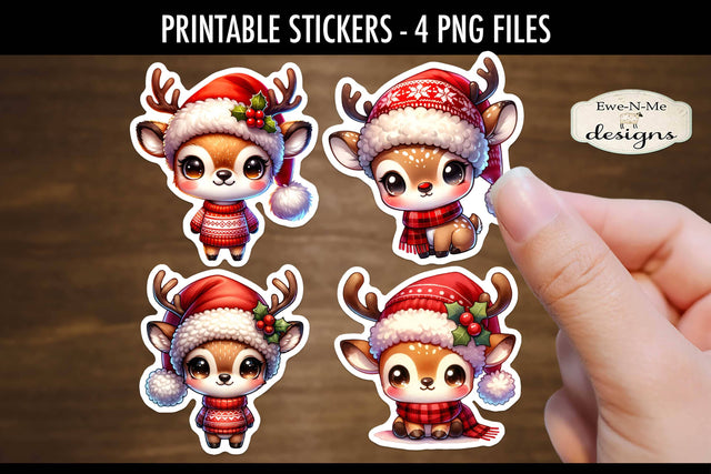 Cute Chibi Reindeer Printable Stickers | 4 PNG Stickers Sublimation Ewe-N-Me Designs 