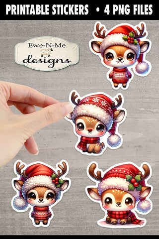 Cute Chibi Reindeer Printable Stickers | 4 PNG Stickers Sublimation Ewe-N-Me Designs 