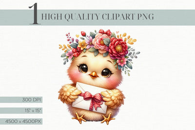 Cute Chicken Clipart with Flowers Valentine Clipart PNG Sublimation BijouBay 