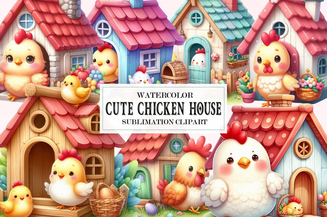 Cute Chicken House Watercolor Clipart Bundle Sublimation SVGista 