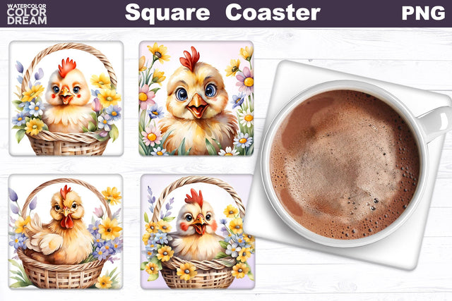 Cute Chicken Square Coaster | Chicken Flowers Coaster Sublimation WatercolorColorDream 
