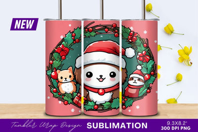 Cute Christmas Animals In Wreath Tumbler Png Sublimation Regulrcrative 