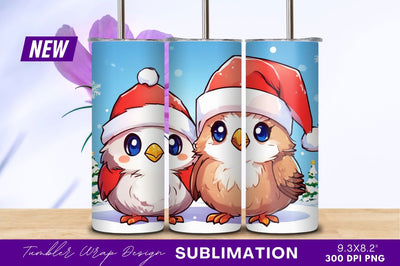 Cute Christmas Birds Wearing Santa Hats Tumbler Png Sublimation Regulrcrative 