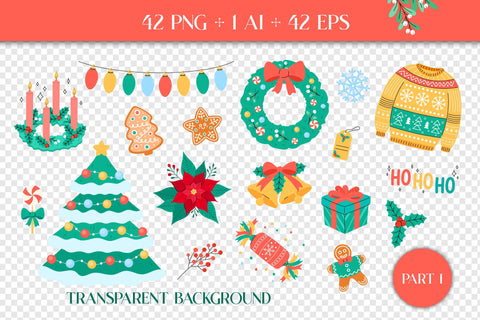 Cute Christmas Clipart PNG | Wreath, Xmas Tree, Holly, Poinsettia, Candy | Holiday Traditional Symbols Clip Art Bundle | Digital Download Sublimation AnnaViolet_store 