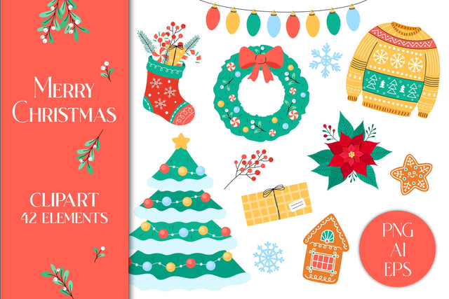 Cute Christmas Clipart PNG | Wreath, Xmas Tree, Holly, Poinsettia, Candy | Holiday Traditional Symbols Clip Art Bundle | Digital Download Sublimation AnnaViolet_store 