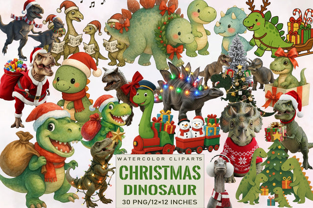 Cute Christmas Dinosaur Clipart Bundle. Sublimation SVGArt 
