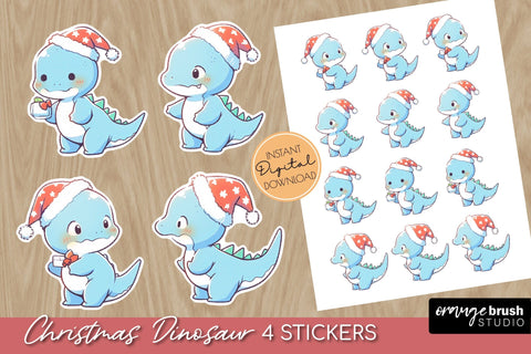Cute Christmas Dinosaur Stickers | Christmas Stickers PNG Sublimation OrangeBrushStudio 