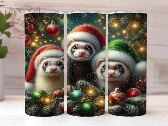 Cute Christmas Ferret Trio Tumbler, Cute Ferret Trio Wrap, Holiday Animal Sublimation, Festive Ferret Cup, 20Oz Skinny Tumbler Wrap, Adorable Christmas Mug, Winter Pet Design Sublimation Lara' s Designs 