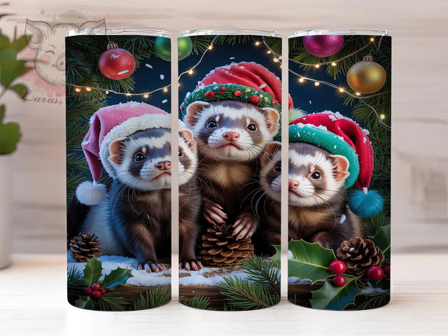Cute Christmas Ferret Trio Tumbler, Cute Ferret Trio Wrap, Holiday Animal Sublimation, Festive Ferret Cup, 20Oz Skinny Tumbler Wrap, Adorable Christmas Mug, Winter Pet Design Sublimation Lara' s Designs 