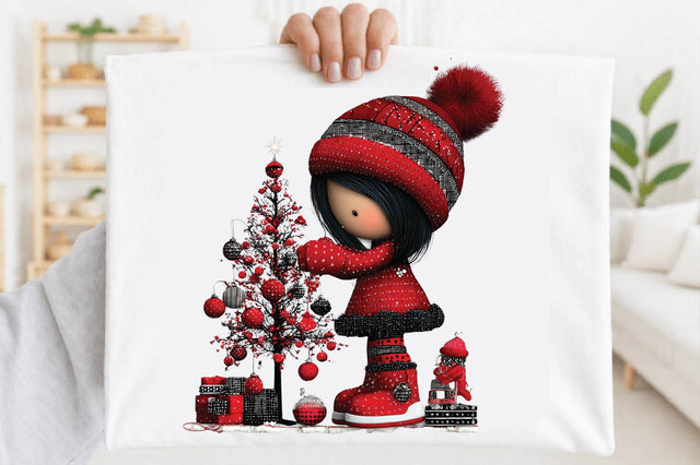 Cute Christmas Girl with Christmas Tree PNG Clipart Sublimation SVGArt 