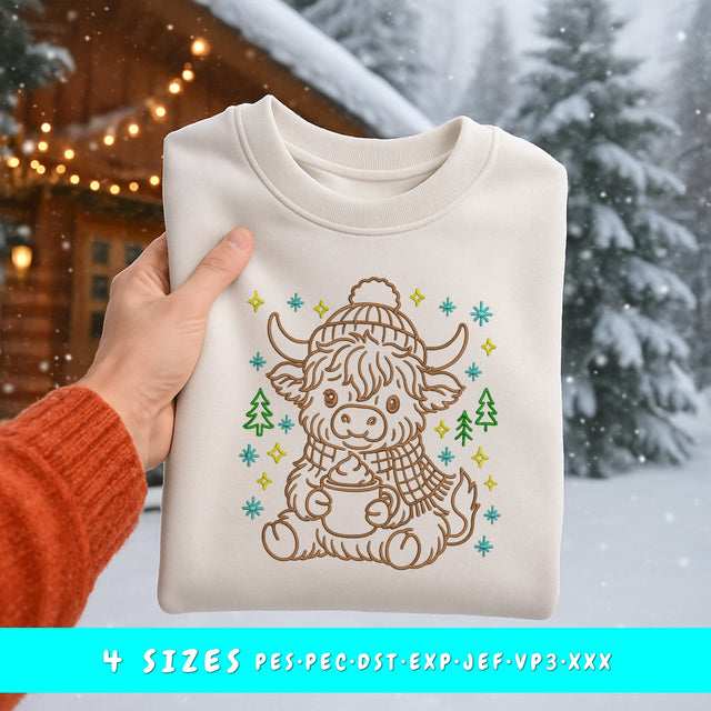 Cute Christmas Highland Cow Embroidery Design | Winter Cow Line Art | Adorable Cow with Hot Cocoa | 4 Sizes PES PEC DST Exp Jef VP3 Embroidery/Applique DESIGNS HappyDesignStudio 