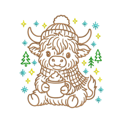 Cute Christmas Highland Cow Embroidery Design | Winter Cow Line Art | Adorable Cow with Hot Cocoa | 4 Sizes PES PEC DST Exp Jef VP3 Embroidery/Applique DESIGNS HappyDesignStudio 