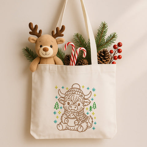 Cute Christmas Highland Cow Embroidery Design | Winter Cow Line Art | Adorable Cow with Hot Cocoa | 4 Sizes PES PEC DST Exp Jef VP3 Embroidery/Applique DESIGNS HappyDesignStudio 