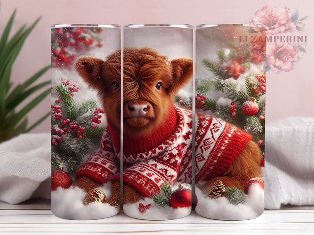 Cute Christmas Highland Cow Tumbler, Cute Holiday Cow Wrap, Festive Farmhouse Sublimation Design, Adorable Cow Cup, 20Oz Skinny Tumbler Wrap, Rustic Christmas Mug, Country Holiday Animal Design Sublimation Li Zamperini 