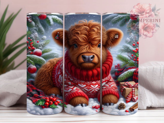 Cute Christmas Highland Cow Tumbler, Cute Holiday Cow Wrap, Festive Farmhouse Sublimation Design, Adorable Cow Cup, 20Oz Skinny Tumbler Wrap, Rustic Christmas Mug, Country Holiday Animal Design Sublimation Li Zamperini 