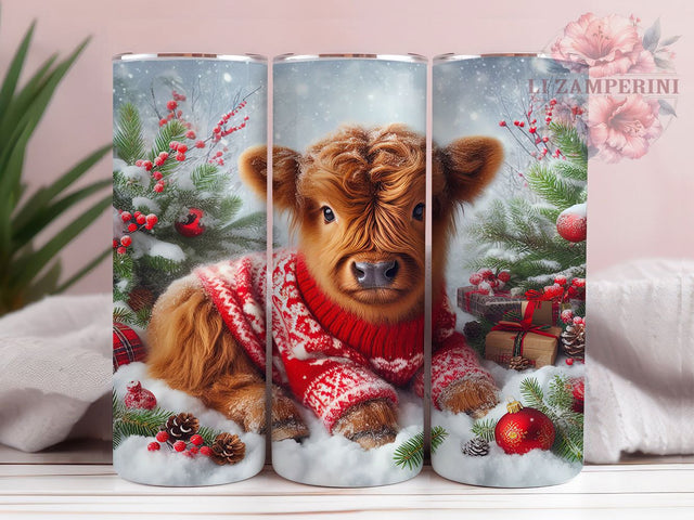 Cute Christmas Highland Cow Tumbler, Cute Holiday Cow Wrap, Festive Farmhouse Sublimation Design, Adorable Cow Cup, 20Oz Skinny Tumbler Wrap, Rustic Christmas Mug, Country Holiday Animal Design Sublimation Li Zamperini 