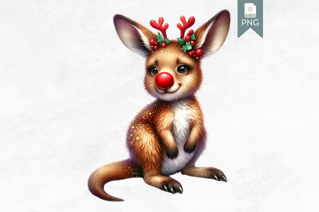 Cute Christmas Kangaroo Dressed As Reindeer Clipart PNG Sublimation BijouBay 