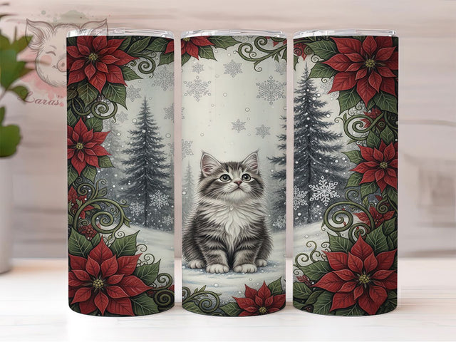 Cute Christmas Kitten Tumbler, Winter Holiday, Cute Cat, Festive Tumbler, Snowy Pattern, 20oz Tumbler, Sublimation Print Sublimation Lara' s Designs 