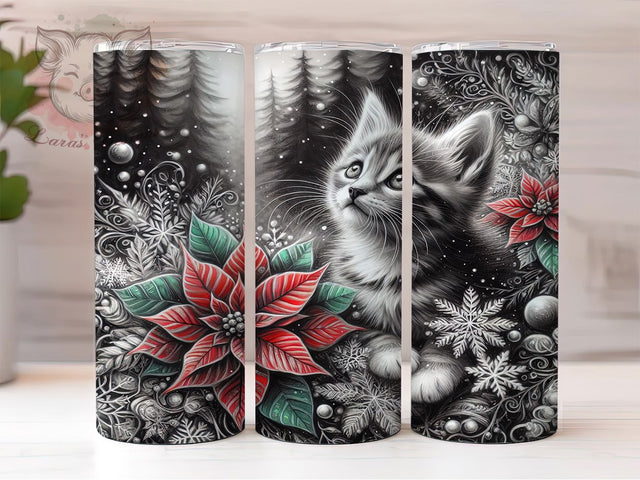 Cute Christmas Kitten Tumbler, Winter Holiday, Cute Cat, Festive Tumbler, Snowy Pattern, 20oz Tumbler, Sublimation Print Sublimation Lara' s Designs 