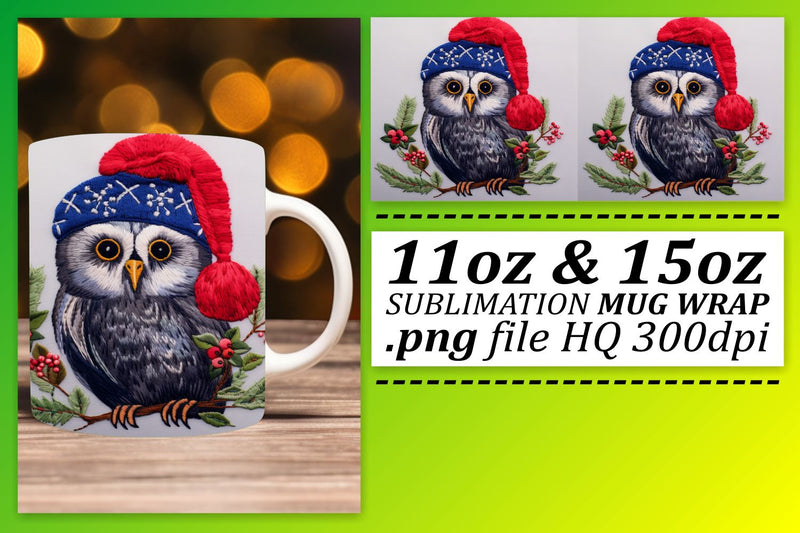 Cute Christmas Owl Mug Wrap 11oz 15oz Embroidery Sublimation afrosvg 