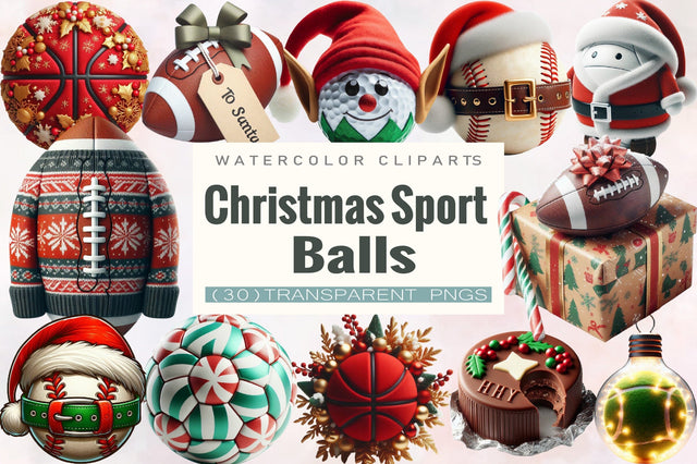Cute Christmas Sport Balls Clipart Bundle. Sublimation SVGArt 