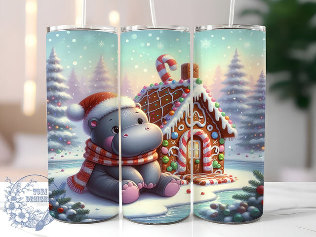 Cute Christmas Tumbler, Baby Hippo Design, Gingerbread House Wrap, Holiday Drinkware, Festive Gift, Winter Decor, Sublimation Design, Adorable Holiday Tumbler Sublimation ToriDesigns 