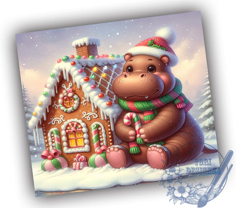 Cute Christmas Tumbler, Baby Hippo Design, Gingerbread House Wrap, Holiday Drinkware, Festive Gift, Winter Decor, Sublimation Design, Adorable Holiday Tumbler Sublimation ToriDesigns 