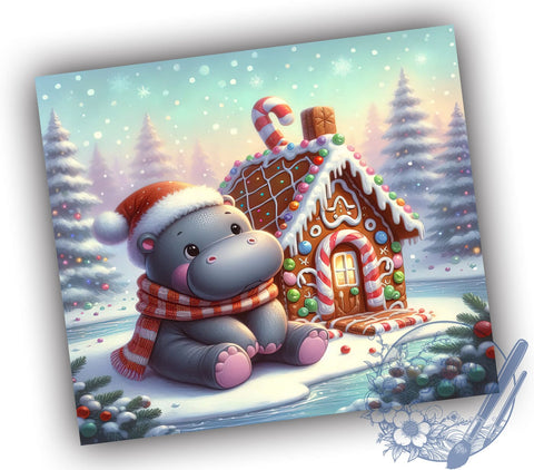 Cute Christmas Tumbler, Baby Hippo Design, Gingerbread House Wrap, Holiday Drinkware, Festive Gift, Winter Decor, Sublimation Design, Adorable Holiday Tumbler Sublimation ToriDesigns 